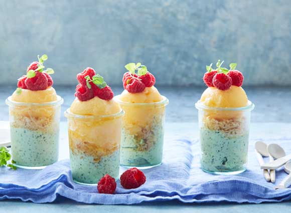 Yellow Peach and Mint Ice-cream Cups with Crunchy Crumbs